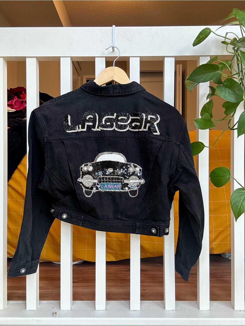Black Sequin-Embellished Cropped Denim Jacket